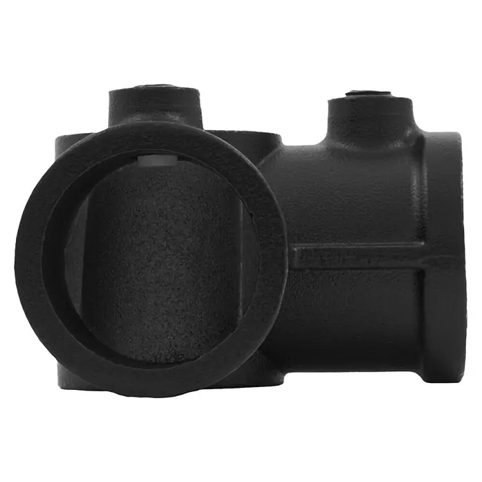 Walteco Rusticline T-Y-Stück RT-71, 4-WEGE 3/4" - Aluminium, Schwarz - Schwarzes, strukturiertes Rohrverbindungsstück mit runder Öffnung und ein ähnliches Stück teilweise dahinter.