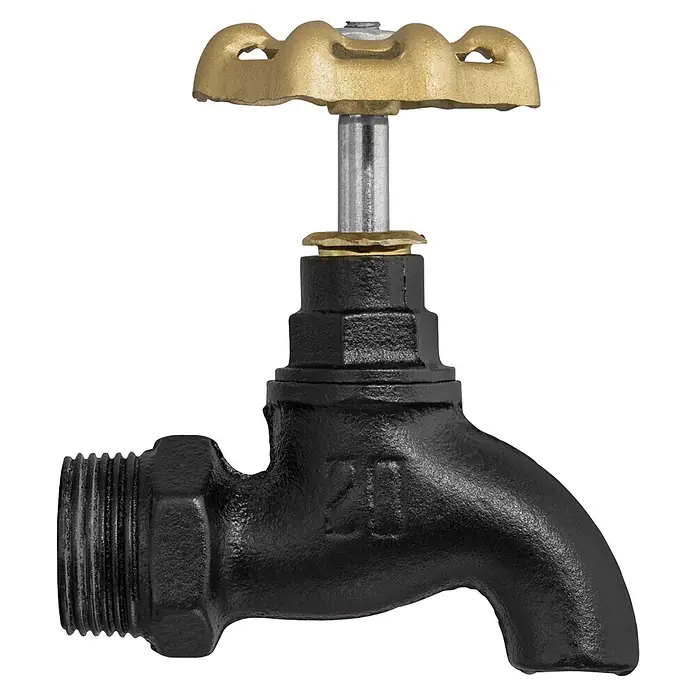 Walteco Rusticline Auslaufhahn RT-21, 3/4" - 25 mm, Metall - Schwarzer Gusseisen-Außenwasserhahn mit Messinggriff.