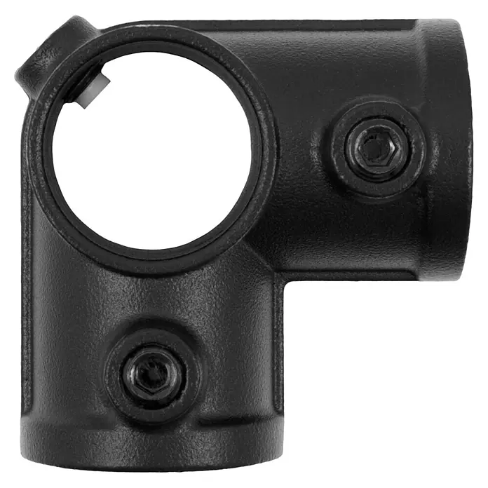Walteco Rusticline T-Y-Stück RT-71, 4-WEGE 3/4" - Aluminium, Schwarz - Schwarz, texturierter L-förmiger Rohrverbinder mit zwei Innensechskantschrauben und weißem Abstandshalter.