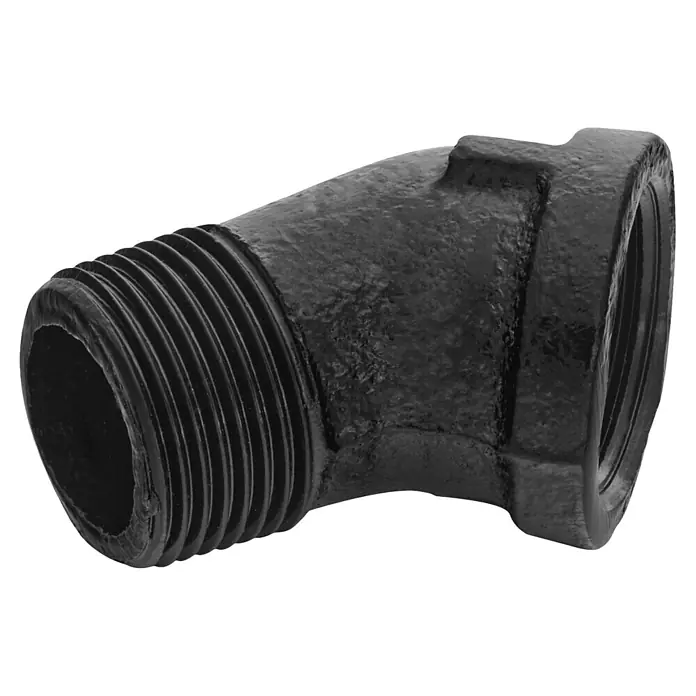 Walteco Rusticline Schraubwinkel RT-79, 3/4", 45° - Durchmesser: 25 mm, Metall, Schwarz - Schwarzes 45-Grad-Rohrknie aus Gusseisen mit Außen- und Innengewinde für Sanitärverbindungen.