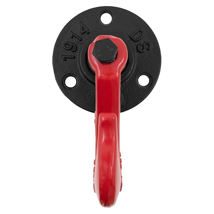 Walteco Rusticline Wandhaken RT-77, 3/4" - Metall, Schwarz/Rot - Roter Metallhaken an schwarzer runder Gusseisen-Montageplatte mit Prägung '1914 DS'.