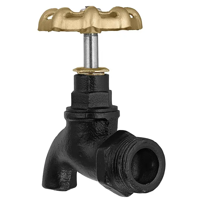 Walteco Rusticline Auslaufhahn RT-21, 3/4" - 25 mm, Metall - Schwarzes Gusseisen-Absperrventil mit einem messingfarbenen mehrlappigen Griff und silbernem Stiel.