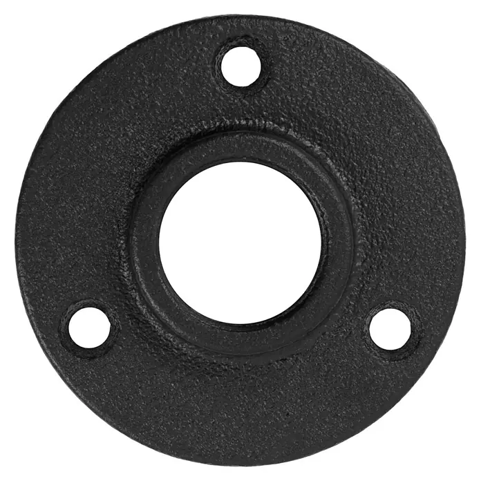 Walteco Rusticline Flanschplatte RT-64, 3/4" - Durchmesser: 70 mm, Stahl, Schwarz - Schwarzer, runder Metallflansch mit drei Schraubenlöchern und einer zentralen Öffnung, mit strukturierter Oberfläche.