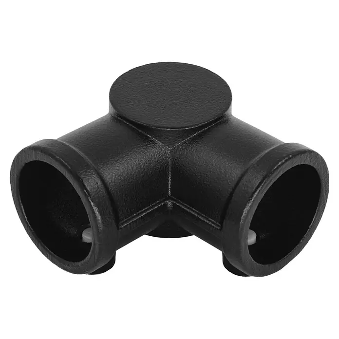 Walteco Rusticline T-Y-Stück RT-72, 3- WEGE 3/4" - Aluminium, Schwarz - Schwarzes, strukturiertes Drei-Wege-Eckverbindungsstück für Rohre, mit weißen Stopfen in den Öffnungen.