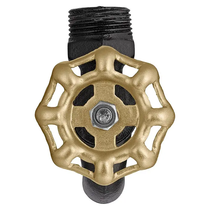 Walteco Rusticline Auslaufhahn RT-21, 3/4" - 25 mm, Metall - Schwarzes Rohrventil mit goldenem, mehrspeichigem Griff und mittigem Silberbolzen.