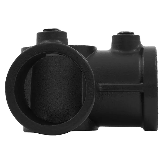 Walteco Rusticline T-Y-Stück RT-72, 3- WEGE 3/4" - Aluminium, Schwarz - Schwarzes, strukturiertes Gusseisen-Rohrverbindungsstück mit mehreren Anschlüssen, von einer offenen Seite gesehen.