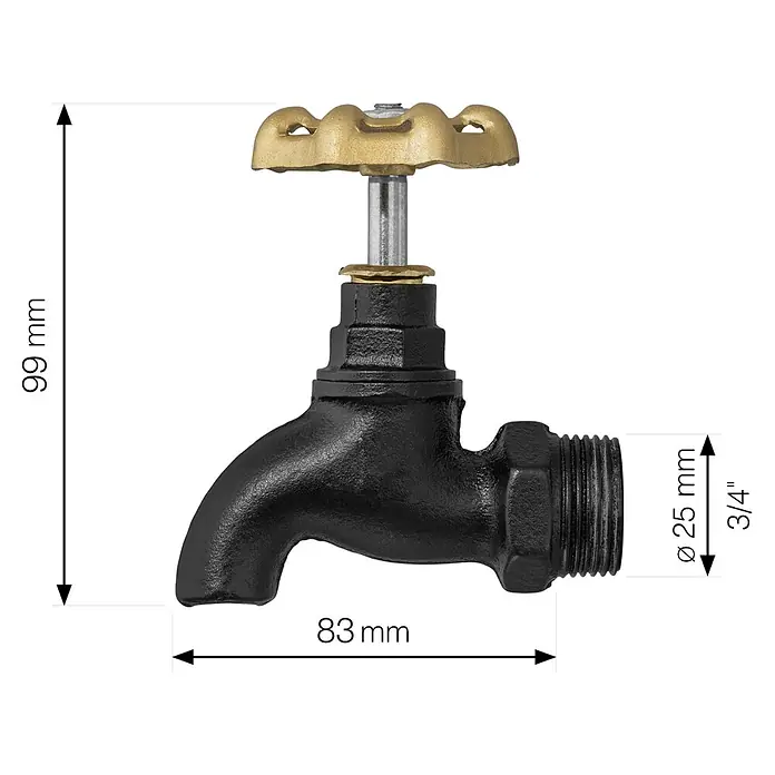 Walteco Rusticline Auslaufhahn RT-21, 3/4" - 25 mm, Metall - Schwarzer Außenwasserhahn mit Messinggriff.