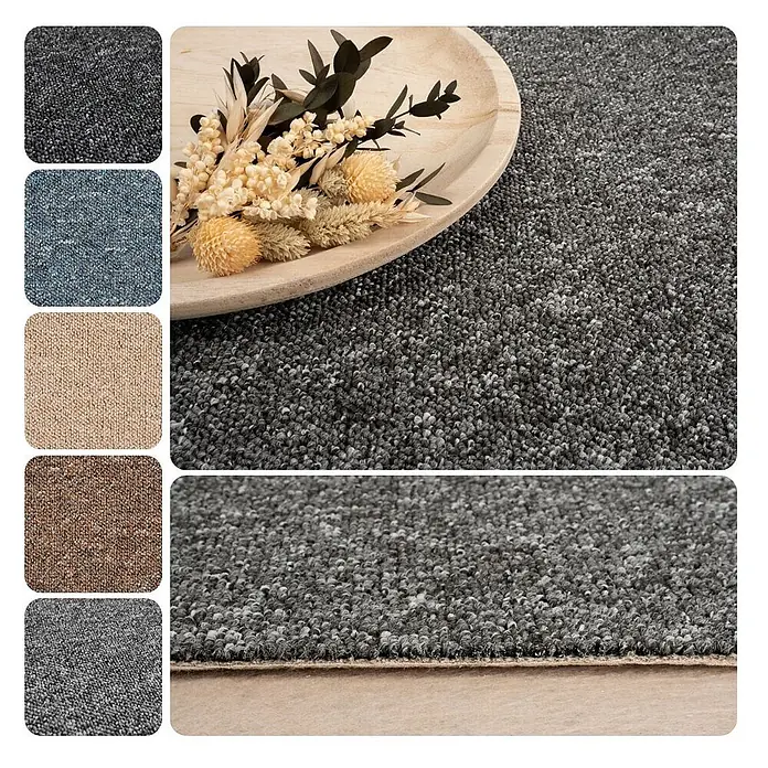 Bricoflor Teppichboden Meterware Muster, Schlinge gemustert, dunkel-grau anthrazit - Breite: 400 cm, Schlinge, 100 % Polypropylen (PP), dunkel-grau anthrazit - Dunkelgrauer strukturierter Teppich. Farbmuster zeigen Optionen in Blau, Beige, Braun und Hellgrau. Nahaufnahme zeigt Flor und Rücken des Teppichs.