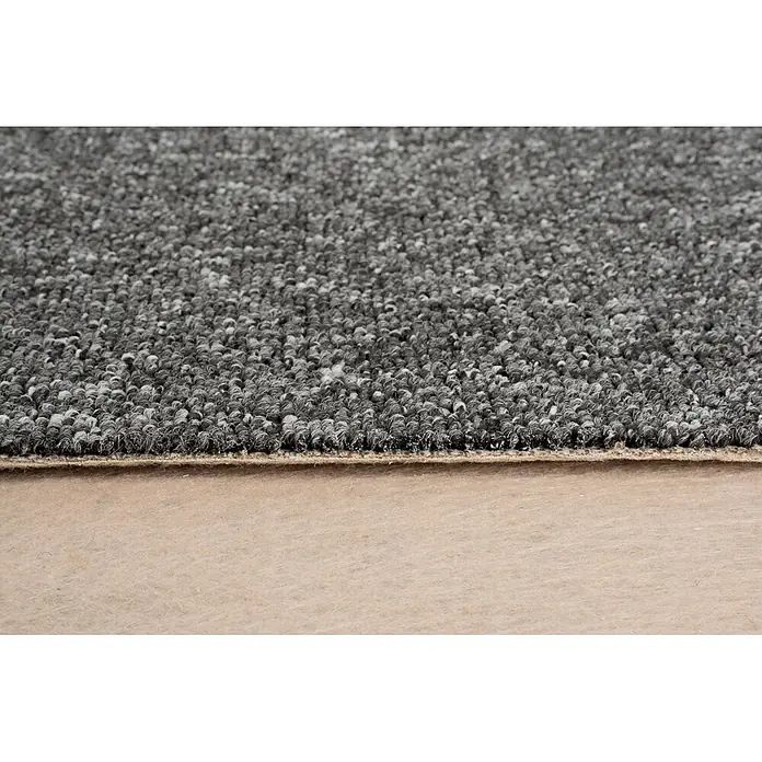 Bricoflor Teppichboden Meterware Muster, Schlinge gemustert, dunkel-grau anthrazit - Breite: 400 cm, Schlinge, 100 % Polypropylen (PP), dunkel-grau anthrazit - Grauer melierter Schlingenflorteppich, der seine texturierte Oberfläche und hellbraune Rückseite zeigt.