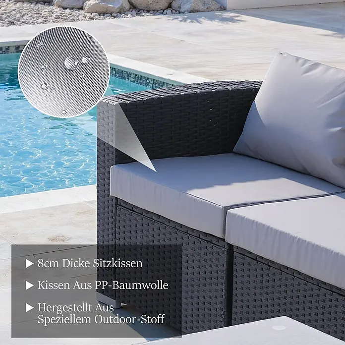 HOMAVO Loungemöbel-Set - 3 -tlg., Polyester und pulverbeschichteter Stahlrahmen, Schwarz-Grau - Schwarzes Rattan-Outdoor-Sofa mit hellgrauen, 8 cm dicken, wasserabweisenden Kissen am Pool.