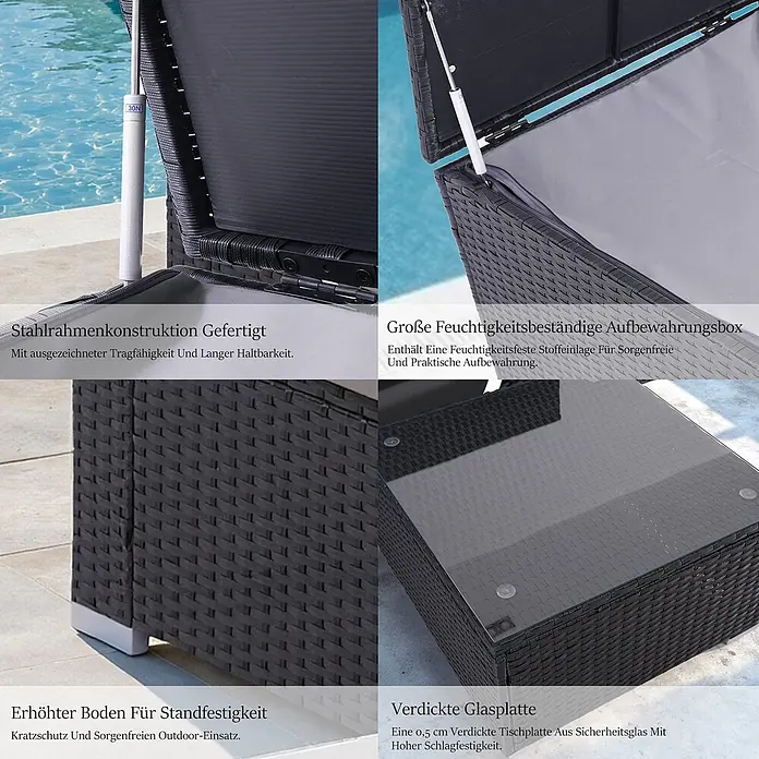 HOMAVO Loungemöbel-Set - 3 -tlg., Polyester und pulverbeschichteter Stahlrahmen, Schwarz-Grau - Dunkelbraune Rattan-Outdoor-Möbel mit Stahlrahmen, großem Staufach, erhöhtem Boden und dicker Glasplatte.