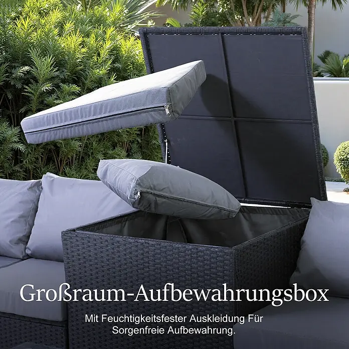 HOMAVO Loungemöbel-Set - 3 -tlg., Polyester und pulverbeschichteter Stahlrahmen, Schwarz-Grau - Dunkelgraue Rattan-Optik Outdoor-Aufbewahrungsbox mit geöffnetem Deckel, in der graue Kissen aufbewahrt werden. Mit feuchtigkeitsbeständiger Auskleidung.