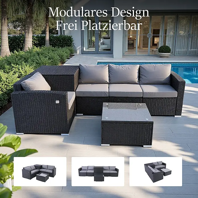 HOMAVO Loungemöbel-Set - 3 -tlg., Polyester und pulverbeschichteter Stahlrahmen, Schwarz-Grau - Modulare schwarze Rattan-Gartenmöbel mit grauen Kissen und Couchtisch, draußen gezeigt, betont rekonfigurierbares Design.