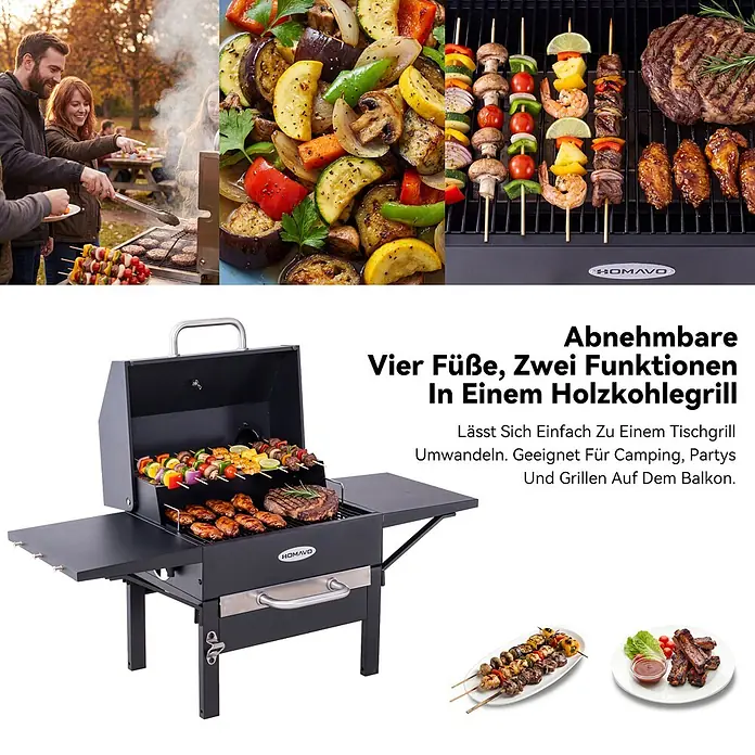 HOMAVO Holzkohlegrill - schwarz - Schwarzer Holzkohlegrill mit abnehmbaren Beinen, als Tischgrill nutzbar. Zeigt Grillgut & Personen beim Grillen.