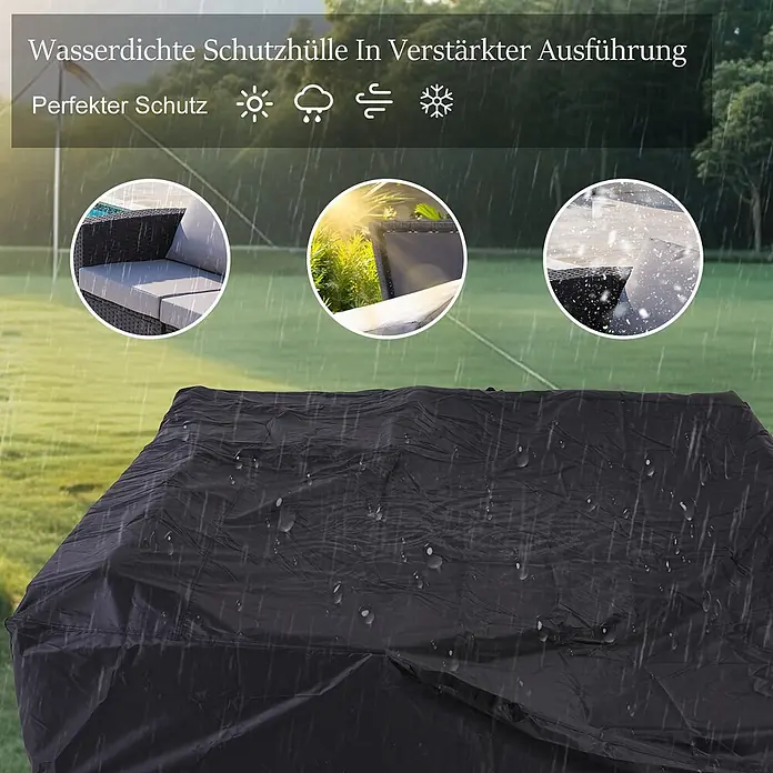 HOMAVO Loungemöbel-Set - 3 -tlg., Polyester und pulverbeschichteter Stahlrahmen, Schwarz-Grau - Schwarze, wasserdichte Schutzhülle für Gartenmöbel mit Regentropfen auf der Oberfläche, die perfekten Wetterschutz bietet.