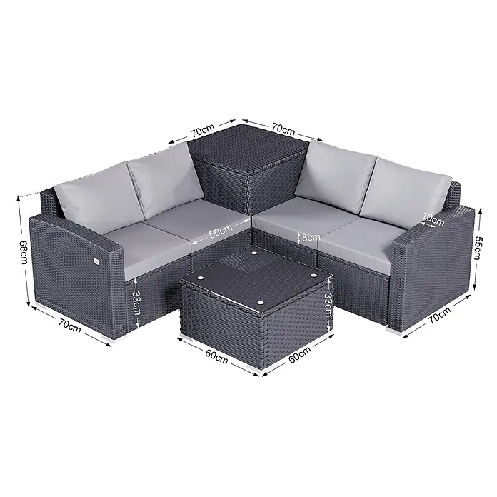 HOMAVO Loungemöbel-Set - 3 -tlg., Polyester und pulverbeschichteter Stahlrahmen, Schwarz-Grau - Graues Rattan-Lounge-Set für draußen mit Ecksofa, Kissen und Couchtisch aus Glas, mit Maßen.