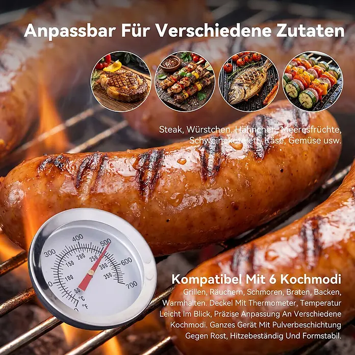 HOMAVO Holzkohlegrill - schwarz - Ein Grillthermometer zeigt die Temperatur auf einem Grill mit Würstchen, um die vielseitige Zubereitung von Steak, Hähnchen, Fisch und Gemüse zu zeigen.