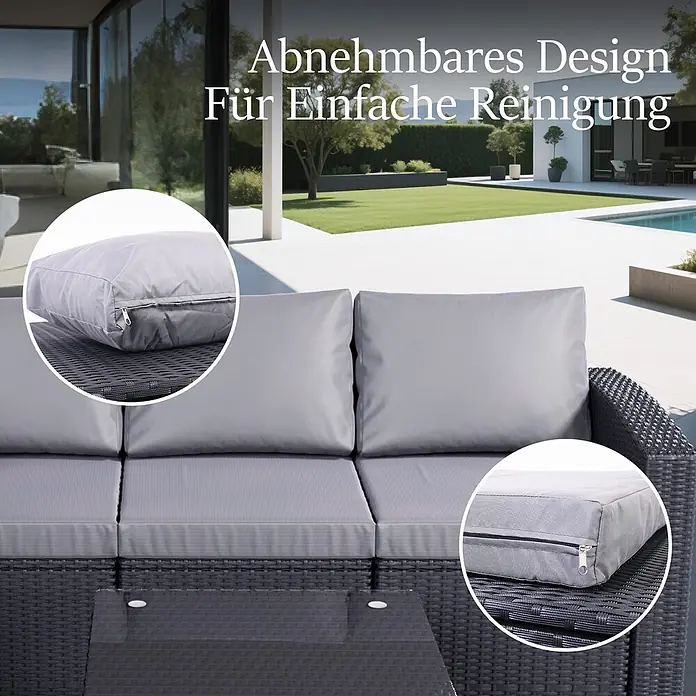 HOMAVO Loungemöbel-Set - 3 -tlg., Polyester und pulverbeschichteter Stahlrahmen, Schwarz-Grau - Graue Kissen mit Reißverschluss auf schwarzem Rattan-Gartensofa, abnehmbar für leichte Reinigung im modernen Garten.