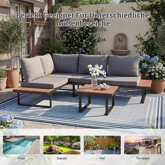 HOMAVO Loungemöbel-Set - 2 -tlg., verstärktem pulverbeschichtetem Stahl, Grau - L-förmiges Outdoor-Sofa-Set mit grauen Kissen und Holzoberflächen, perfekt für verschiedene Außenbereiche.