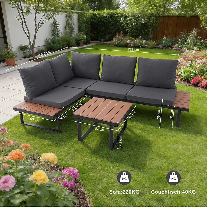HOMAVO Loungemöbel-Set - 2 -tlg., verstärktem pulverbeschichtetem Stahl, Grau - L-förmiges, dunkelgraues Outdoor-Sofa mit braunem Lattenbeistelltisch und passendem Couchtisch auf Rasen. Maße und Gewichte angegeben.