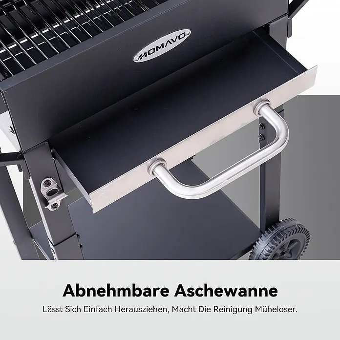 HOMAVO Holzkohlegrill - schwarz - Schwarzer Grill mit abnehmbarer Aschewanne aus Edelstahl und Griff für einfache Reinigung. Marke HOMAVO.