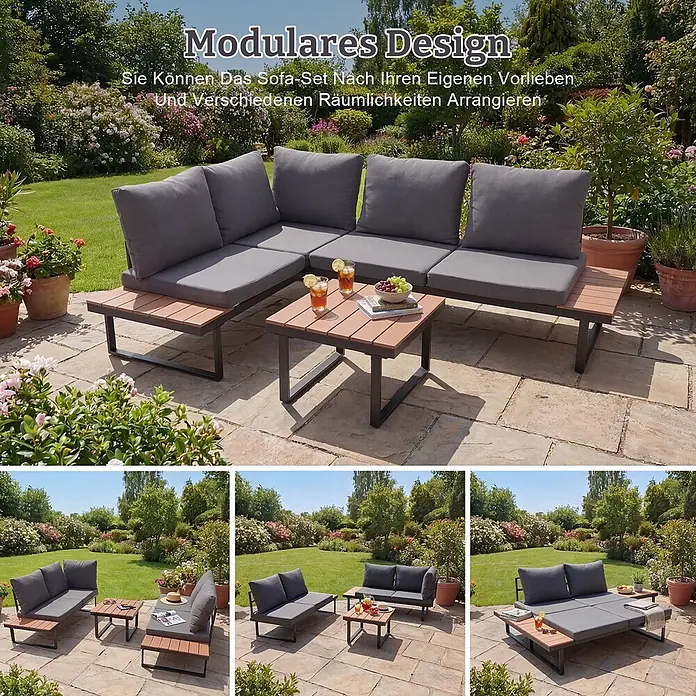 HOMAVO Loungemöbel-Set - 2 -tlg., verstärktem pulverbeschichtetem Stahl, Grau - Modulares graues Outdoor-Sofa-Set mit Holzdetails und Couchtisch, in L-Form in einem Garten arrangiert. Kleinere Bilder zeigen weitere Konfigurationen.