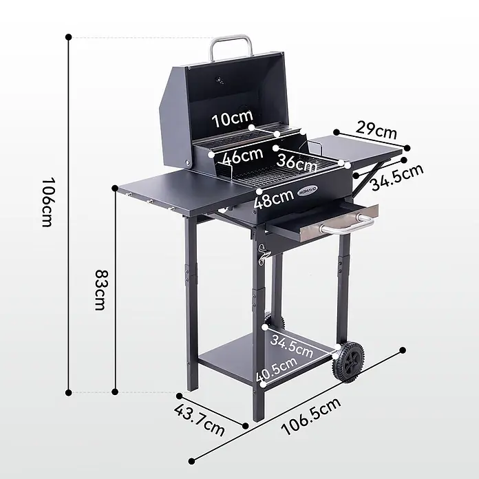 HOMAVO Holzkohlegrill -  - Schwarzer Holzkohlegrill aus Metall mit klar gekennzeichneten Maßen, inklusive Deckel, Seitenablagen und Rollen.