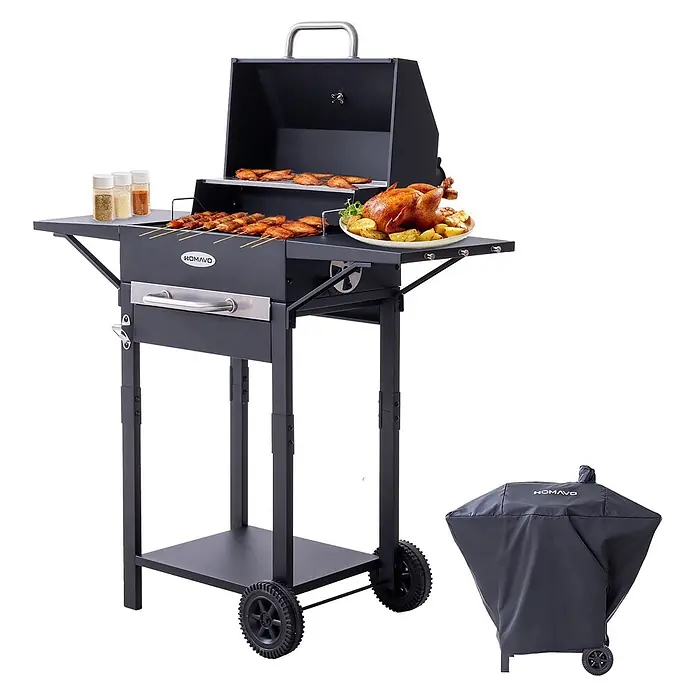 HOMAVO Holzkohlegrill -  - Schwarzer Holzkohlegrill aus Metall mit offener Haube, zwei Beistelltischen mit Essen, Ablage und Rollen. Inklusive schwarzer Abdeckhaube.