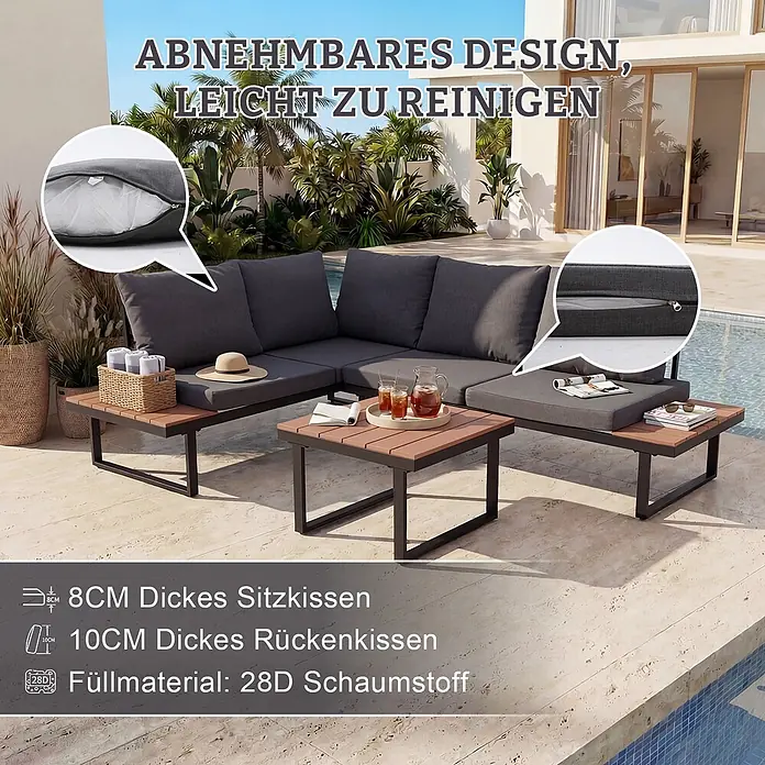 HOMAVO Loungemöbel-Set - 2 -tlg., verstärktem pulverbeschichtetem Stahl, Grau - Outdoor-Loungeset mit dunkelgrauen Polstern und Holztischen am Pool. Abnehmbare Bezüge für leichte Reinigung, dicke Schaumstoffkissen.