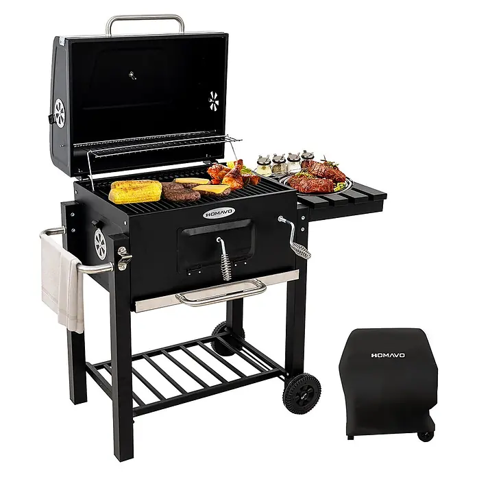 HOMAVO Holzkohlegrill - Durchmesser Grillfläche: 56 cm, schwarz - Schwarzer Holzkohlegrill mit Grillgut, Seitenablage, Handtuchhalter und Rollen. Inklusive schwarzer Grillabdeckung.