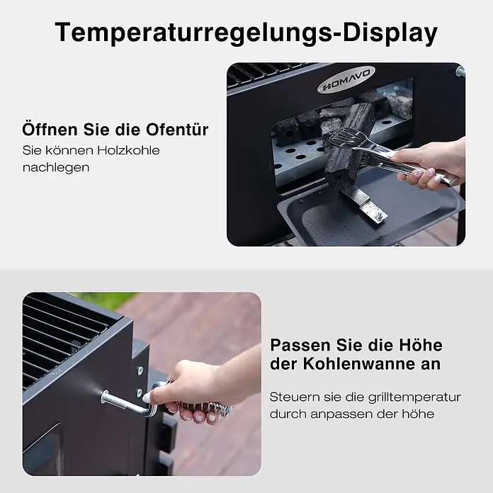 HOMAVO Holzkohlegrill - Durchmesser Grillfläche: 56 cm, schwarz - Schwarzer Grill im Einsatz. Eine Hand legt Kohle nach, eine andere verstellt die Höhe der Kohlenwanne zur Temperaturregelung.
