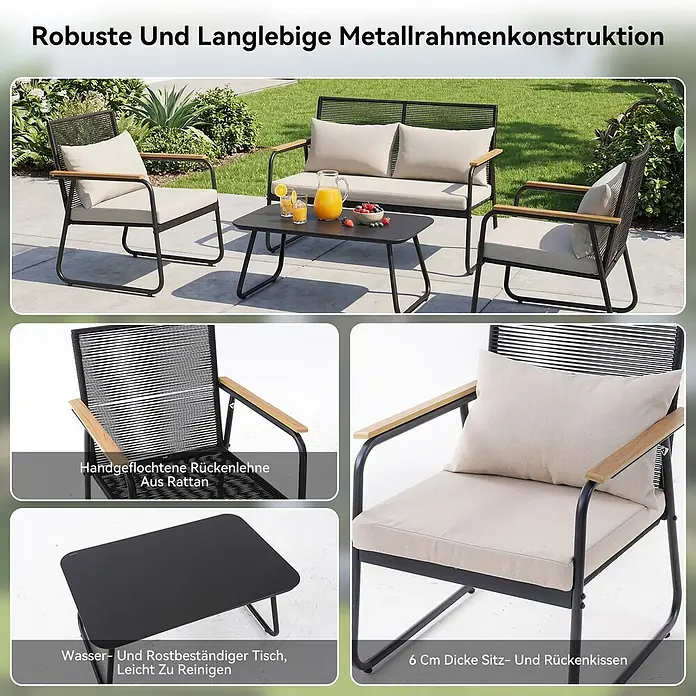 HOMAVO Loungemöbel-Set - 2 -tlg., PE-Rattan und pulverbeschichteter Kohlenstoffstahl, Weiß - Schwarze Metall-Gartenmöbelgarnitur mit Rattendetails & beigen 6cm Kissen. Inkl. 2 Stühlen, Sofa, Kaffeetisch für draußen.