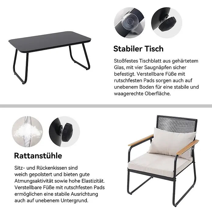 HOMAVO Loungemöbel-Set - 2 -tlg., PE-Rattan und pulverbeschichteter Kohlenstoffstahl, Weiß - Set aus schwarzem Couchtisch mit gehärteter Glasplatte und Stuhl mit Metallrahmen, Holzarmlehnen und beigefarbenen Kissen, beide mit verstellbaren Füßen.