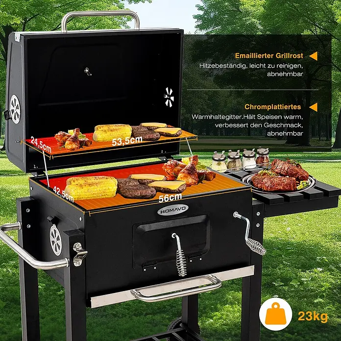 HOMAVO Holzkohlegrill - Durchmesser Grillfläche: 56 cm, schwarz - Schwarzer Homavo BBQ Grill mit emailliertem Hauptrost (56x42,5cm) und verchromtem Warmhaltegitter (53,5x24,5cm), Essen grillt, 23kg.
