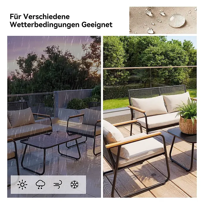 HOMAVO Loungemöbel-Set - 2 -tlg., PE-Rattan und pulverbeschichteter Kohlenstoffstahl, Weiß - Wetterfestes Terrassenmöbel-Set mit dunklen Gestellen, hellen Kissen und Holzarmlehnen, bei Regen und Sonne gezeigt.