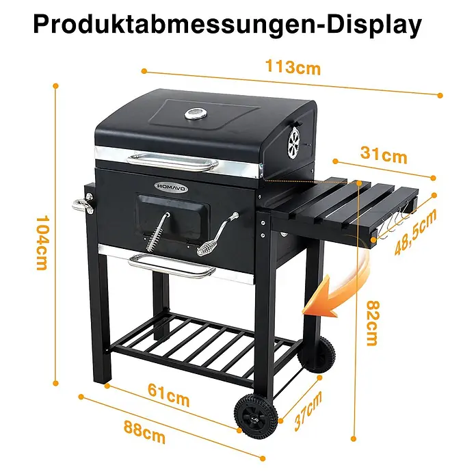 HOMAVO Holzkohlegrill - Durchmesser Grillfläche: 56 cm, schwarz - Schwarzer Holzkohlegrill mit Rollen und Seitenablage, detaillierte Produktabmessungen sind angezeigt.