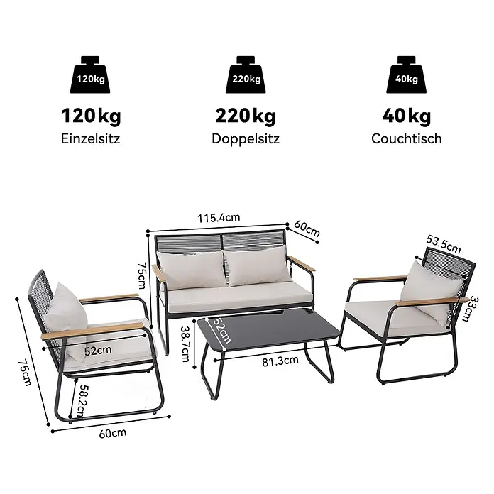 HOMAVO Loungemöbel-Set - 2 -tlg., PE-Rattan und pulverbeschichteter Kohlenstoffstahl, Weiß - Gartenmöbel-Set: zwei schwarze Sessel, ein Zweisitzer-Sofa und ein Couchtisch mit hellen Polstern und Holzarmlehnen, Maße angezeigt.