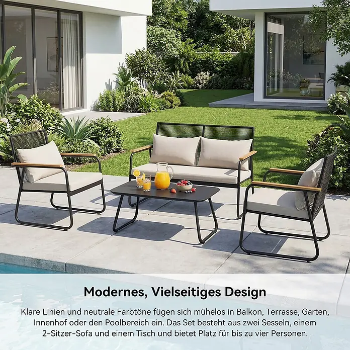 HOMAVO Loungemöbel-Set - 2 -tlg., PE-Rattan und pulverbeschichteter Kohlenstoffstahl, Weiß - Schwarzes Outdoor-Lounge-Set aus Metall mit beigen Kissen und Holzarmlehnen, bestehend aus zwei Stühlen, einem Sofa und einem Couchtisch.