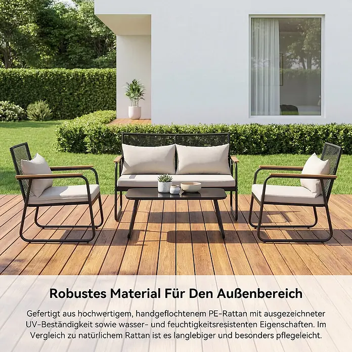 HOMAVO Loungemöbel-Set - 2 -tlg., PE-Rattan und pulverbeschichteter Kohlenstoffstahl, Weiß - Outdoor-Loungeset aus schwarzem PE-Rattan mit Stühlen, Sofa, Tisch auf Holzterrasse. Helle Kissen, Holzarmlehnen.