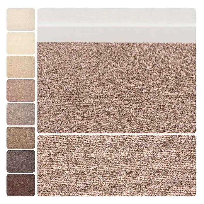 Bricoflor Teppichboden Meterware 6,5x4m, Schlinge meliert, hell-braun terra - Schlinge, 100 % Polyamid (PA), hell-braun terra - Teppichmuster in verschiedenen Braun- und Beigetönen, dazu ein großes Muster eines hellbraunen, gesprenkelten Teppichs.