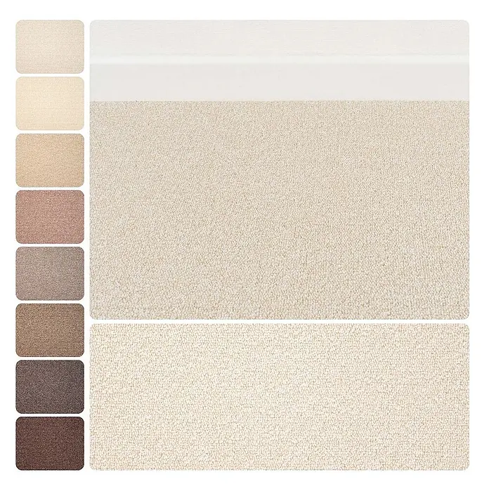Bricoflor Teppichboden Meterware 4x4m, Schlinge meliert, hell-beige weiß - Schlinge, 100 % Polyamid (PA), hell-beige weiß - Teppichmuster in verschiedenen Beige- und Brauntönen, mit einer größeren Ansicht eines hellbeigen strukturierten Teppichs.