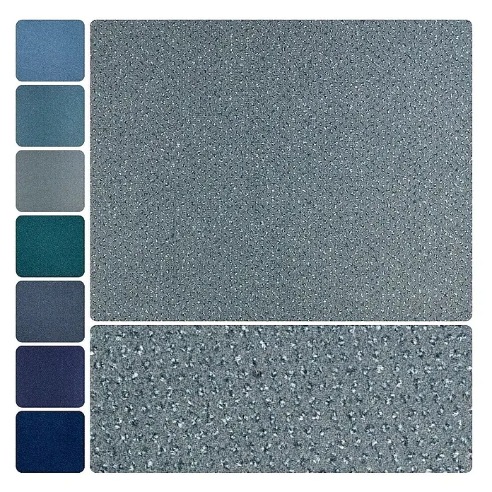 Bricoflor Teppichboden Meterware Velours gemustert, grau grün, 850 x 400 cm - Breite: 400 cm, Velours, 100 % Polyamid (PA), grau grün - Strukturierter graublauer Stoffmuster mit kleinen weißen Sprenkeln, begleitet von einer Spalte mit sieben einfarbigen blauen Farbmuster.