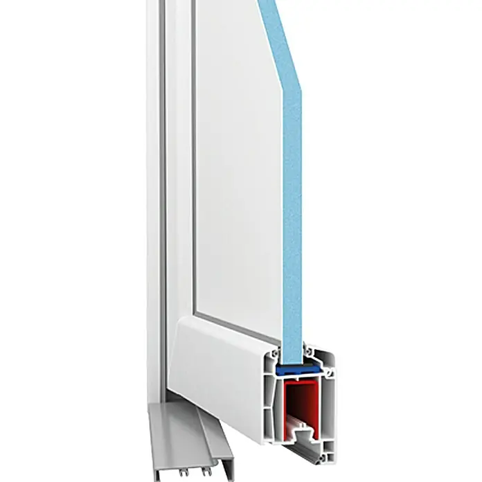 Solid Elements Haustür KF-03 - 100 x 210 cm, DIN Anschlag: Links, Weiß - Nahaufnahme eines Fensterrahmens mit Profilen, der die Konstruktionsdetails und die Materialbeschaffenheit des Fensters zeigt.