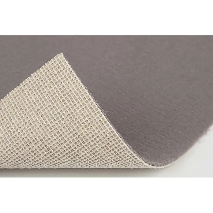 Bricoflor Teppichboden Meterware 6x4m, Velours uni, grau - Velours, 100 % Polyamid (PA), grau - Beige-gitterförmige Anti-Rutsch-Teppichunterlage mit grauer Filzschicht, beide Seiten sichtbar.