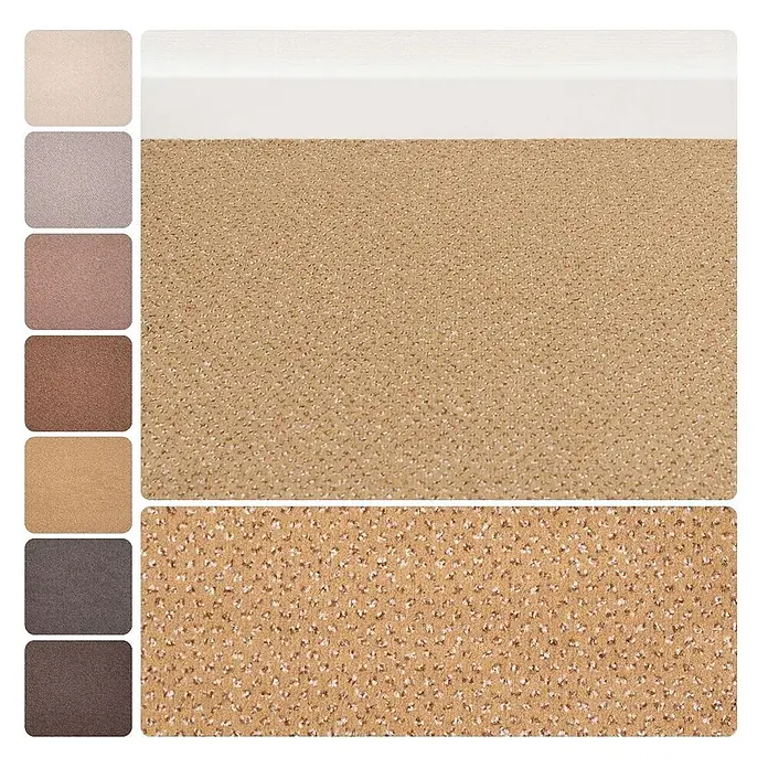 Bricoflor Teppichboden Meterware Velours gemustert, beige braun, 850 x 400 cm - Breite: 400 cm, Velours, 100 % Polyamid (PA), beige braun - Gesprekelte beigefarbene Teppichprobe mit weißer Leiste, zusammen mit Farbmustern von hellbeige bis dunkelgrau für Fußböden.