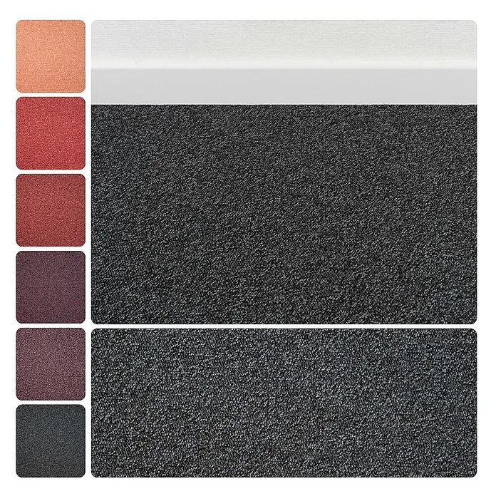 Bricoflor Teppichboden Meterware Schlinge meliert, anthrazit schwarz, 250 x 500 cm - Breite: 500 cm, Schlinge, 100 % Polyamid (PA), anthrazit schwarz - Muster von strukturiertem dunkelgrauem Teppich, gezeigt mit sechs weiteren Farboptionen, darunter Orange, Rot und Schwarz.