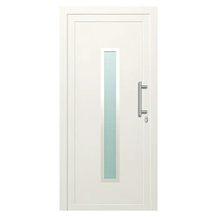 Solid Elements Haustür KF-03 - 100 x 210 cm, DIN Anschlag: Rechts, Weiß - Weiße Eingangstür mit vertikalem Glaseinsatz und Edelstahlgriff für einen modernen und einladenden Eingangsbereich.