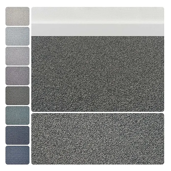 Bricoflor Teppichboden Meterware 3,5x4m, Schlinge meliert, grau - Schlinge, 100 % Polyamid (PA), grau - Strukturierter dunkelgrauer Teppich mit weißer Fußleiste, daneben Farbmuster in Grau- und Blautönen.