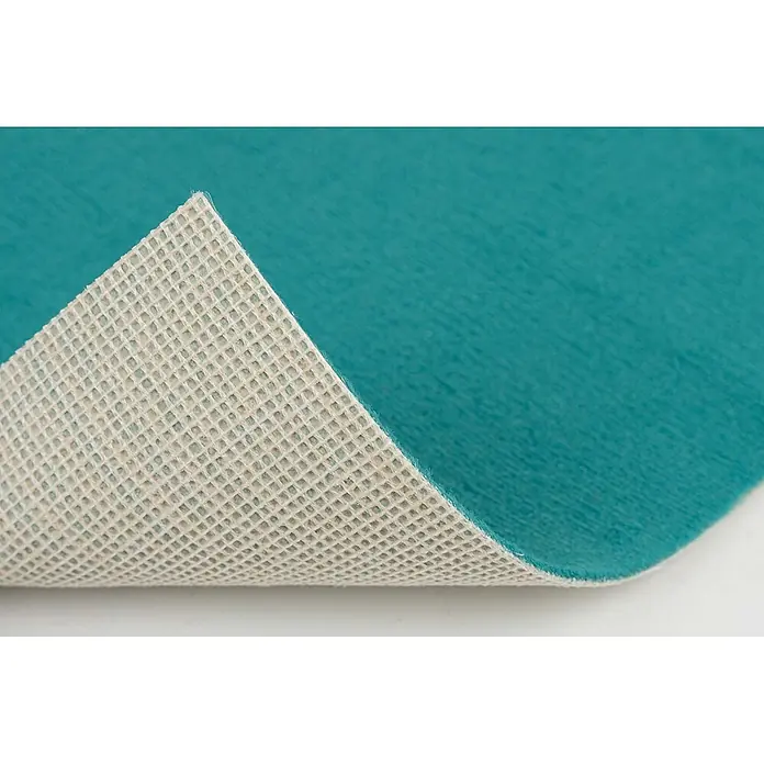 Bricoflor Teppichboden Meterware 2x4m, Velours uni, türkis grün - Velours, 100 % Polyamid (PA), türkis grün - Türkiser Teppich mit sichtbarer weißer Anti-Rutsch-Rückseite mit Gittermuster.