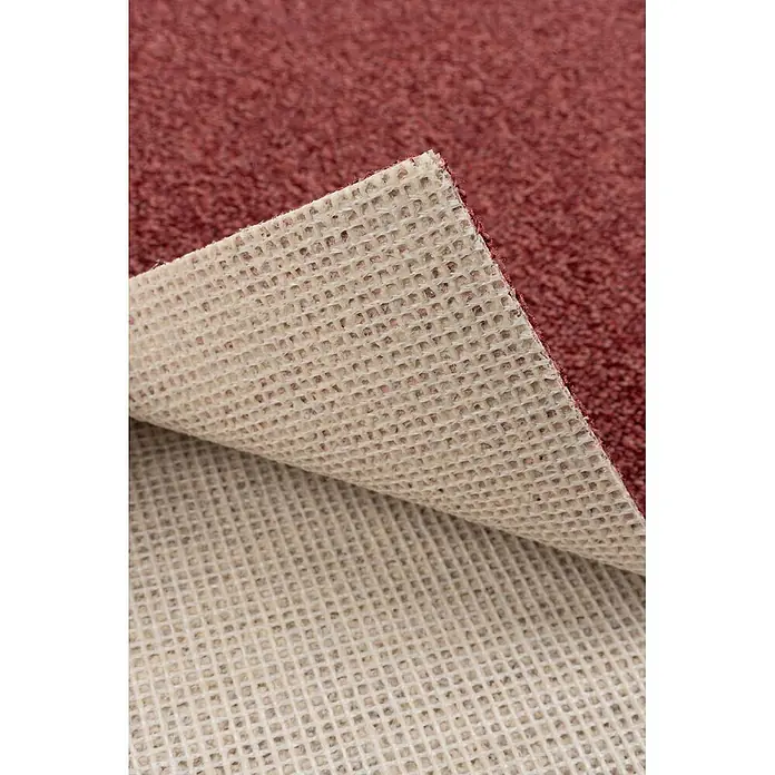 Bricoflor Teppichboden Meterware Schlinge meliert, dunkel-rot, 500 x 400 cm - Breite: 400 cm, Schlinge, 100 % Polyamid (PA), dunkel-rot - Roter Teppichausschnitt mit sichtbarer beiger Antirutsch-Wabenunterseite.